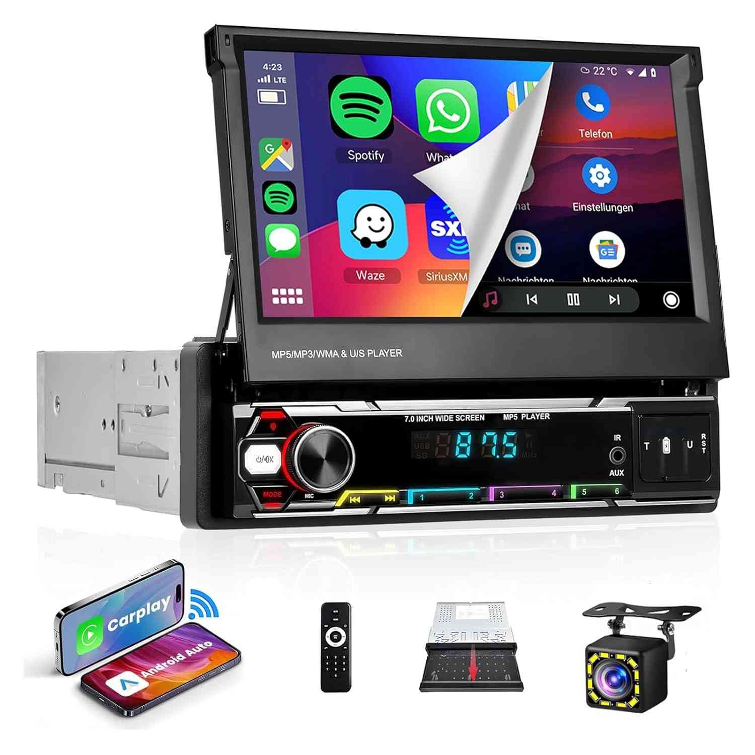 Rádio Automotivo Podofo Single Din com Apple CarPlay e Android Auto Sem Fio - Tela Dobrável 7" HD Touchscreen