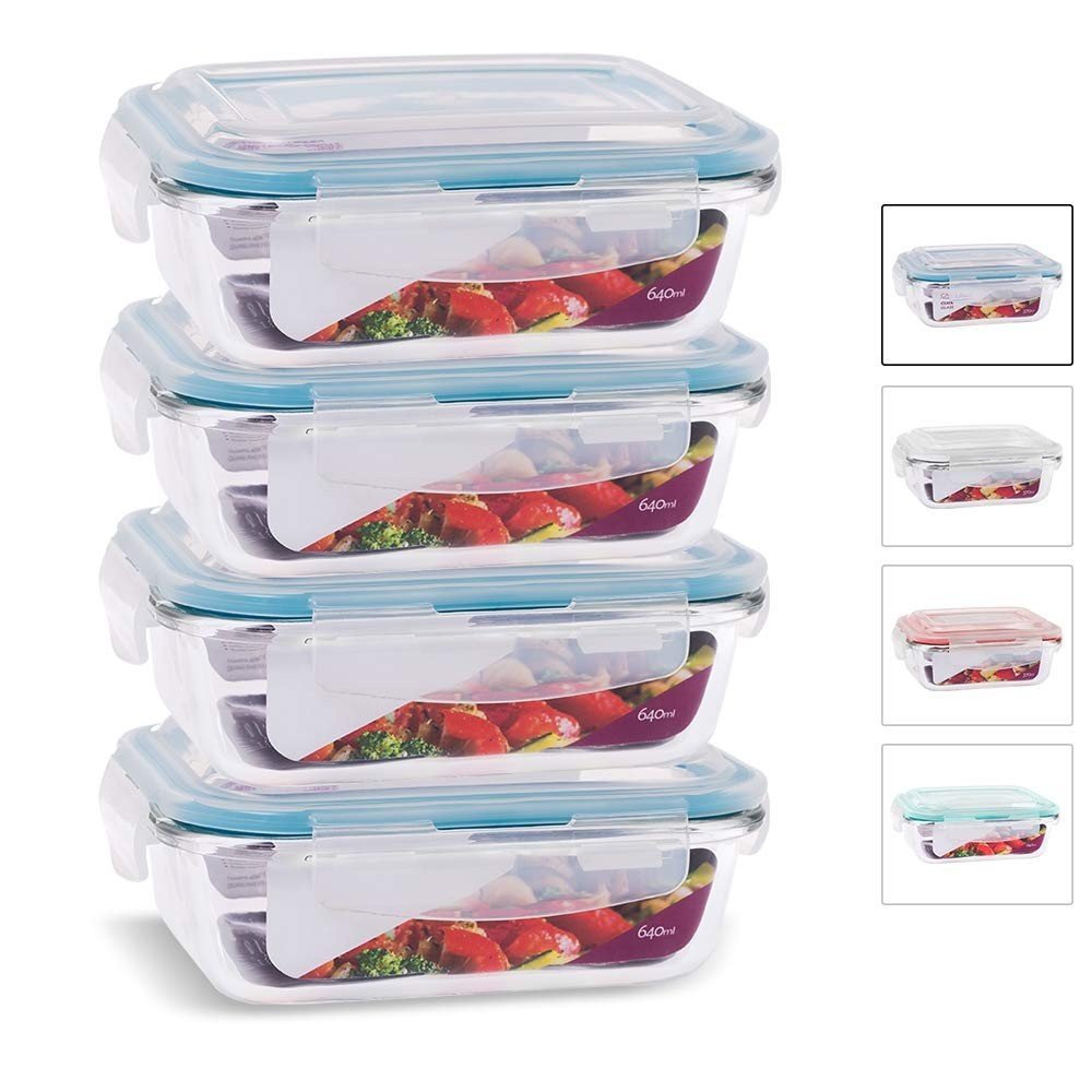 House Organizer - 4 Potes de Vidro Retangular com Tampa Hermética 640ml Azul