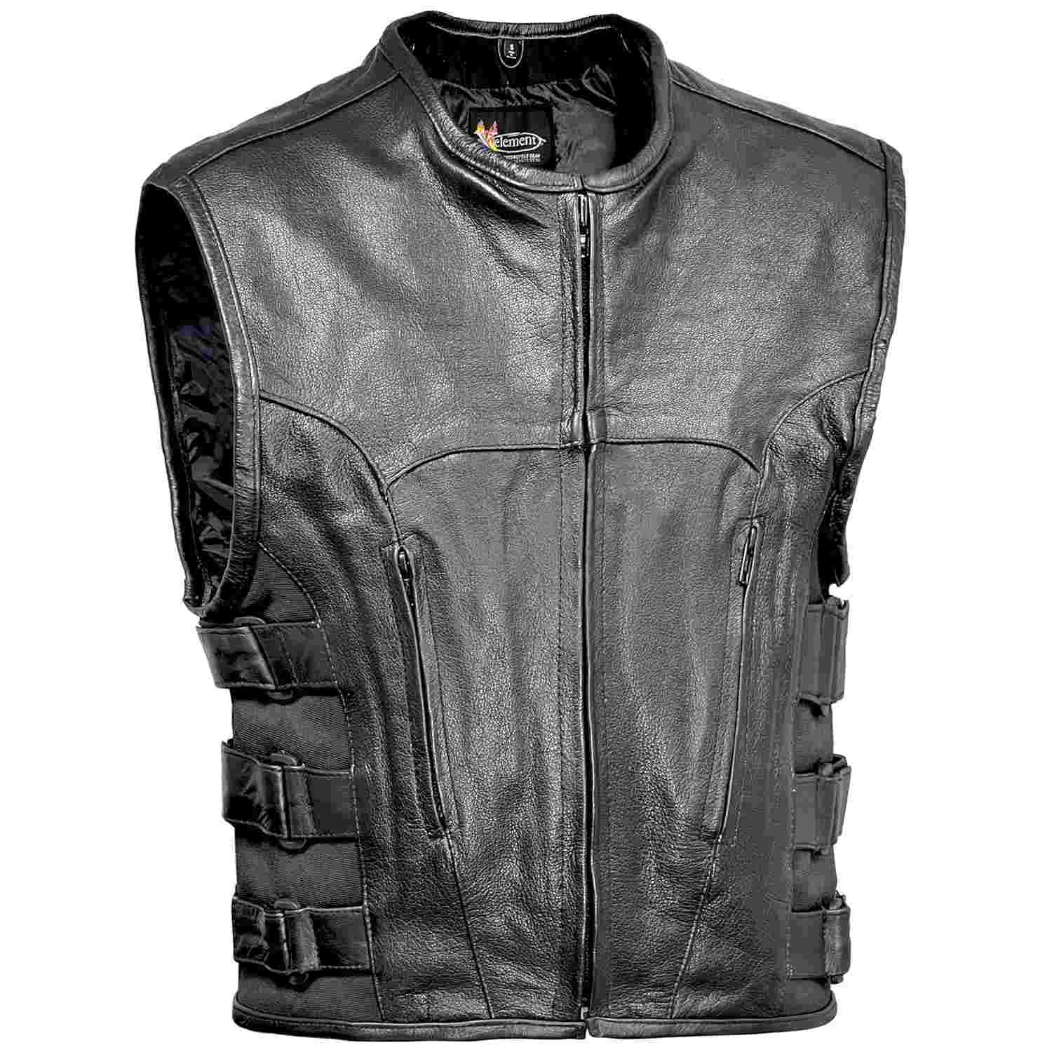 Xelement B95085 Colete masculino de couro preto para motociclista - alça lateral ajustável tripla avançada
