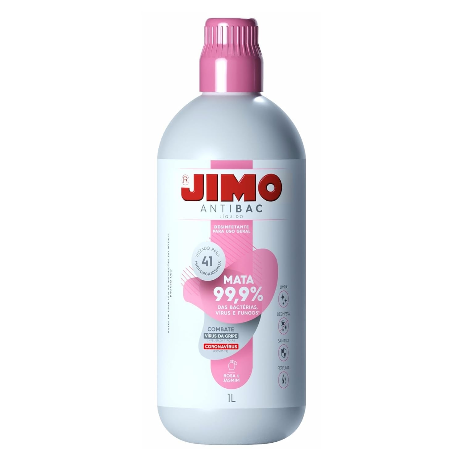 JIMO Antibac Líquido Desinfetante 99,9% Contra Bactérias, Vírus e Fungos - Rosa e Jasmim 1L