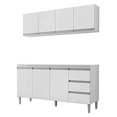 Balcão Cozinha 160cm + Armário Aéreo Andréia Branco Brilho