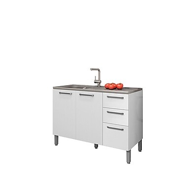 Balcão de Cozinha 120cm Branco com 3 Portas e 2 Gavetas
