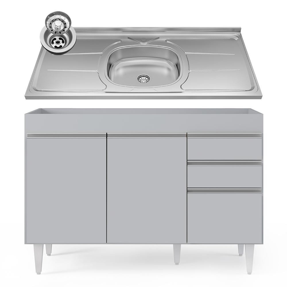 Balcão de Cozinha 120cm: Pia Inox + 3 Portas