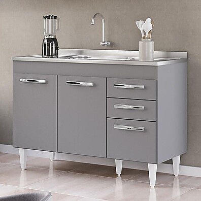 Balcão de Cozinha 120cm: Pia Inox + Muito Espaço!