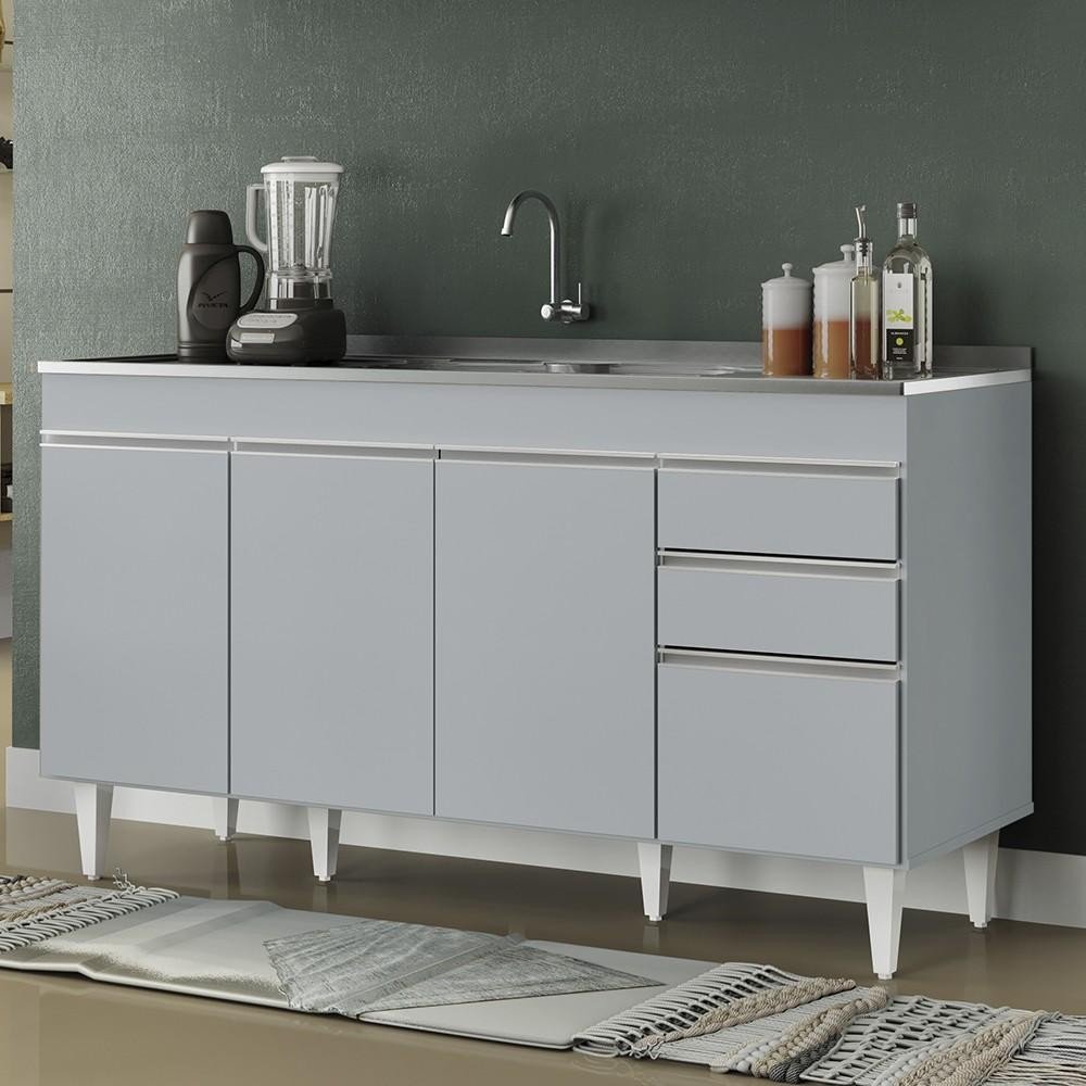 Balcão de Cozinha 150cm: Pia Inox + 4 Portas