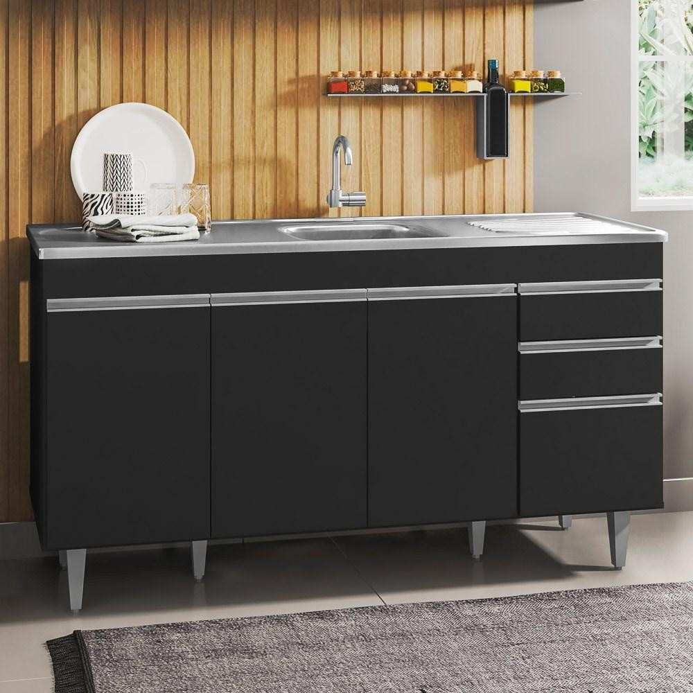 Balcão de Cozinha 150cm: Preto, Inox e 4 Portas