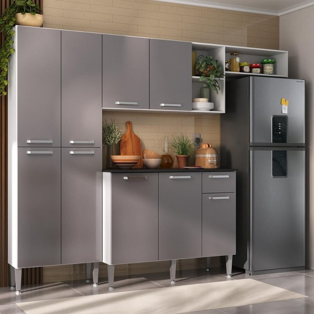 Armário de Cozinha Moderno 228cm com Balcão - Design Branco/Laca Fumê