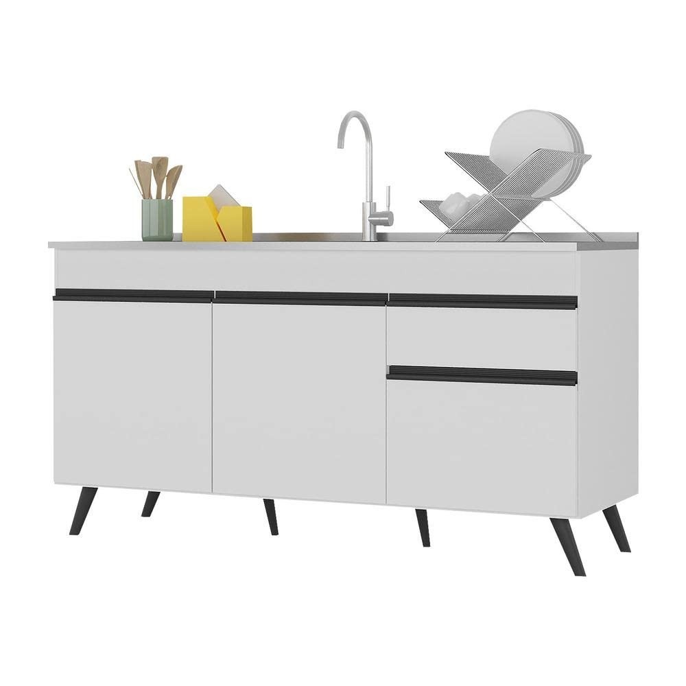 Balcão de Cozinha Veneza 150cm com 3 Portas e 1 Gaveta - Design Moderno em Branco/Preto