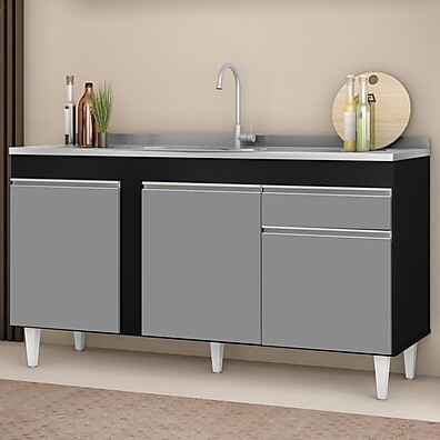 Balcão Gabinete com Pia Inox 150cm – Dakota Preto/Cinza
