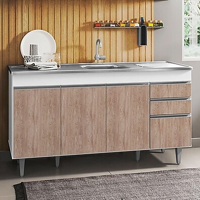 Balcão Gabinete com Pia Inox 150cm – Marrocos Branco/Castanho