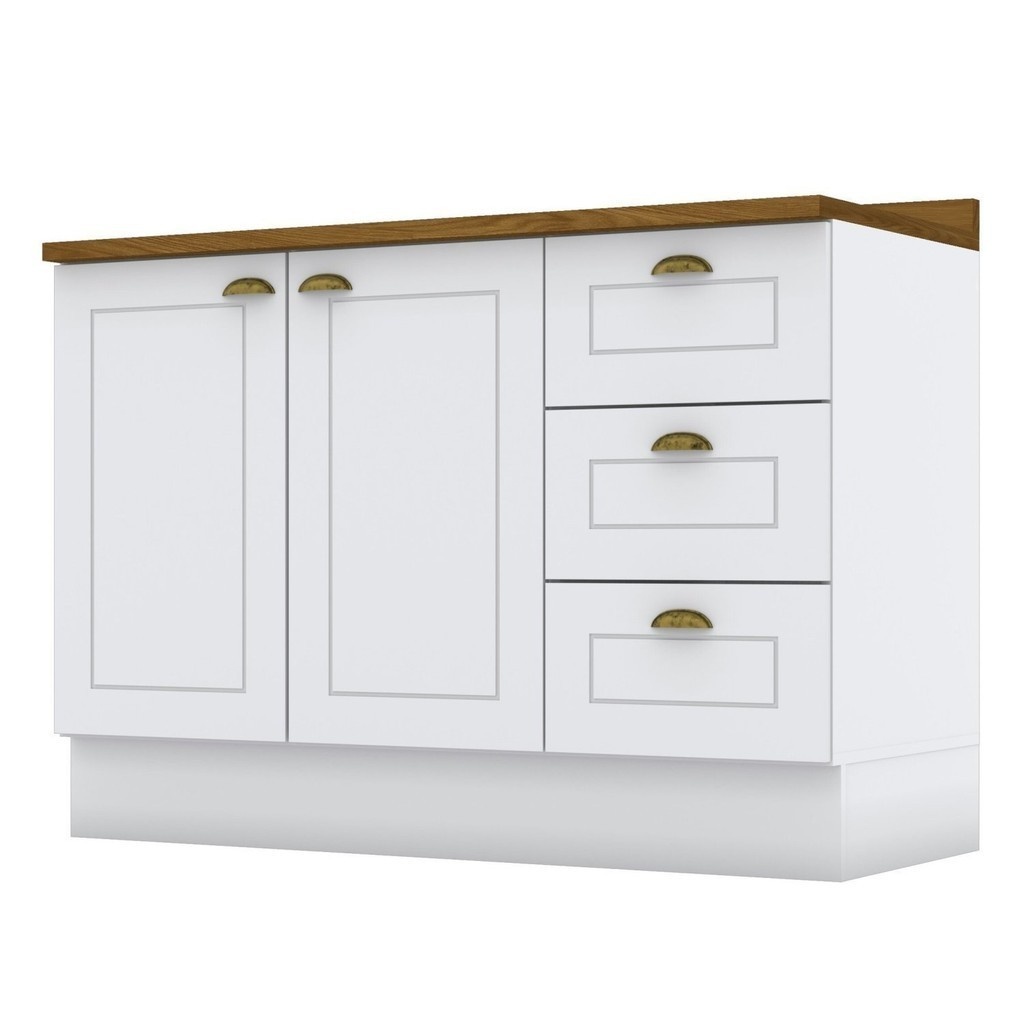 Balcão para Cozinha Emily 3 Gavetas 2 Portas Branco – Moderno e Funcional