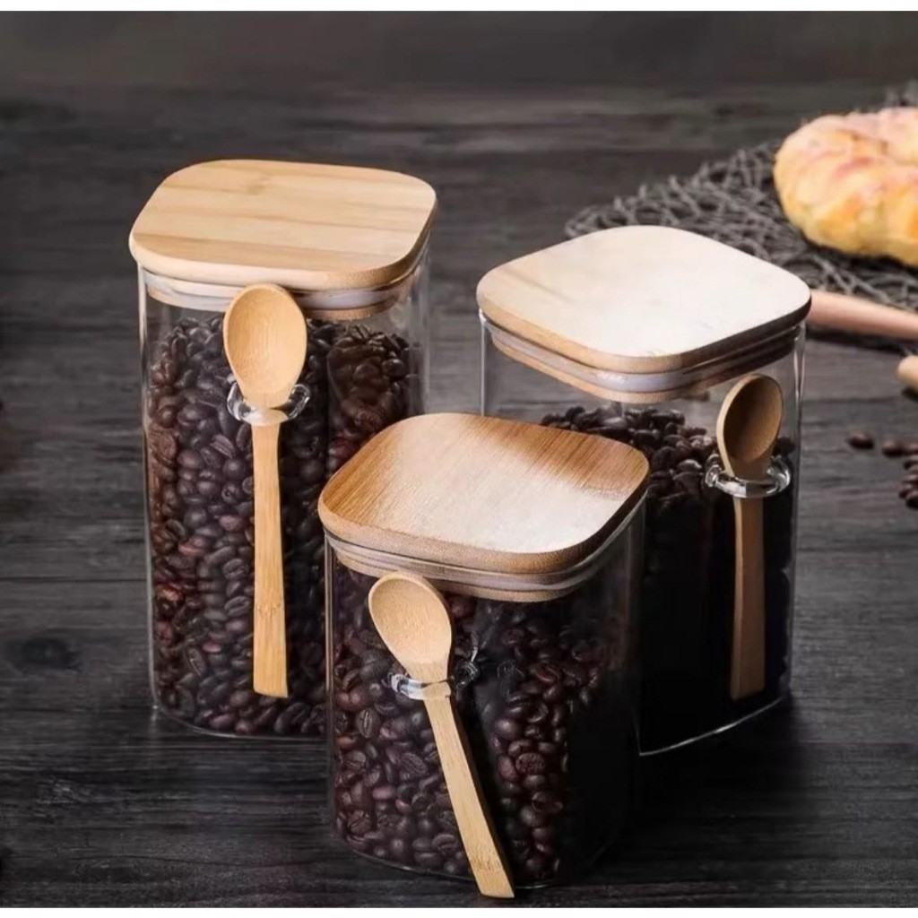 KIT 3 Potes Hermético de Vidro com Tampa de Bambu