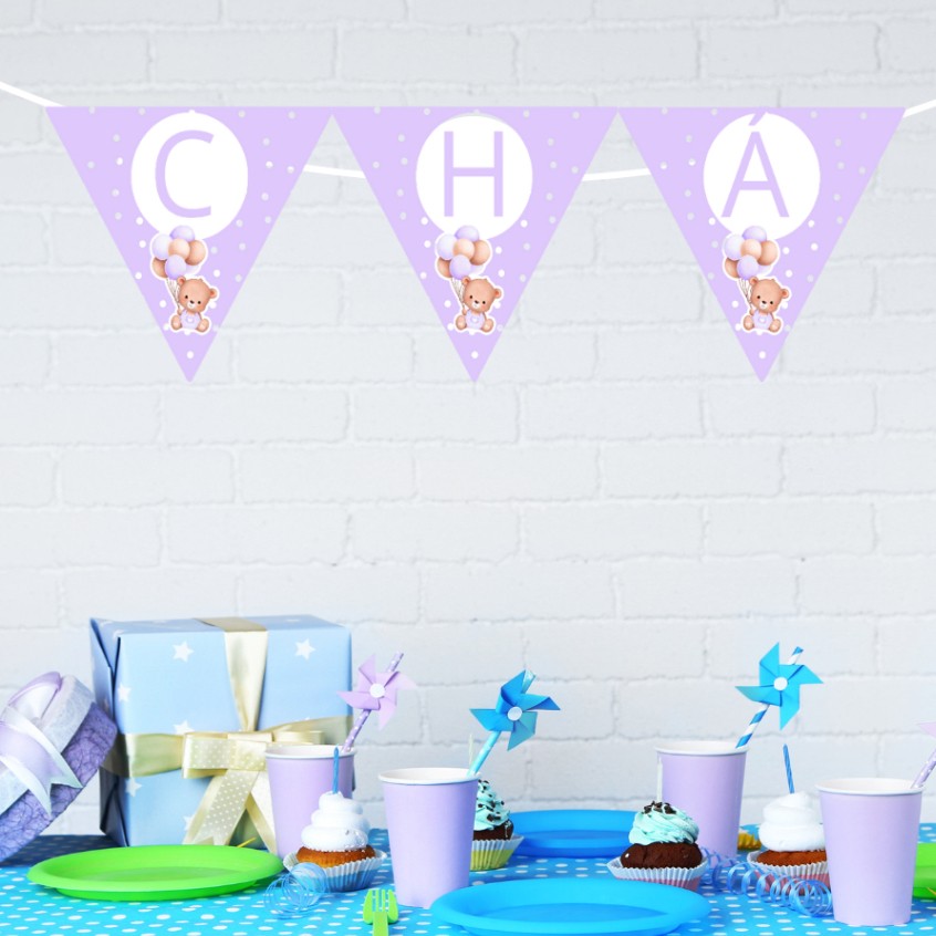 Bandeirola Personalizada Ursinha Lilás – Decore com Seu Nome!