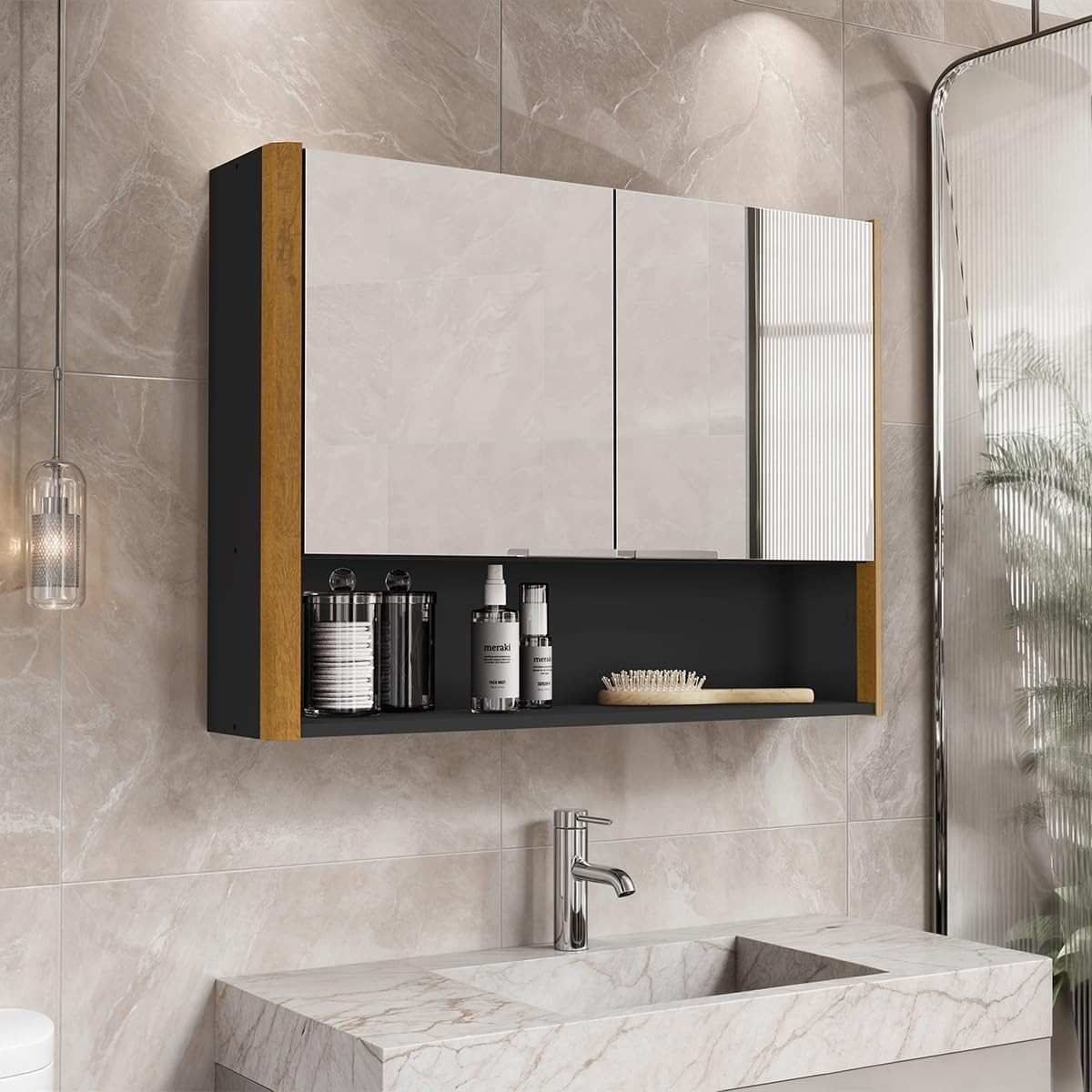 Armário de Banheiro Aéreo com Espelho e Nicho – Design Moderno e Funcionalidade