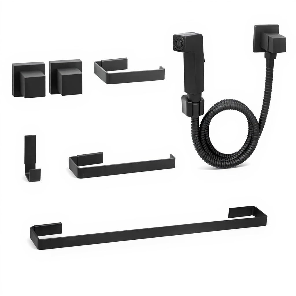 Kit Acessórios Banheiro TKA 7 Peças Preto Fosco | Design Quadrado Moderno para Ambientes Residenciais e Corporativos