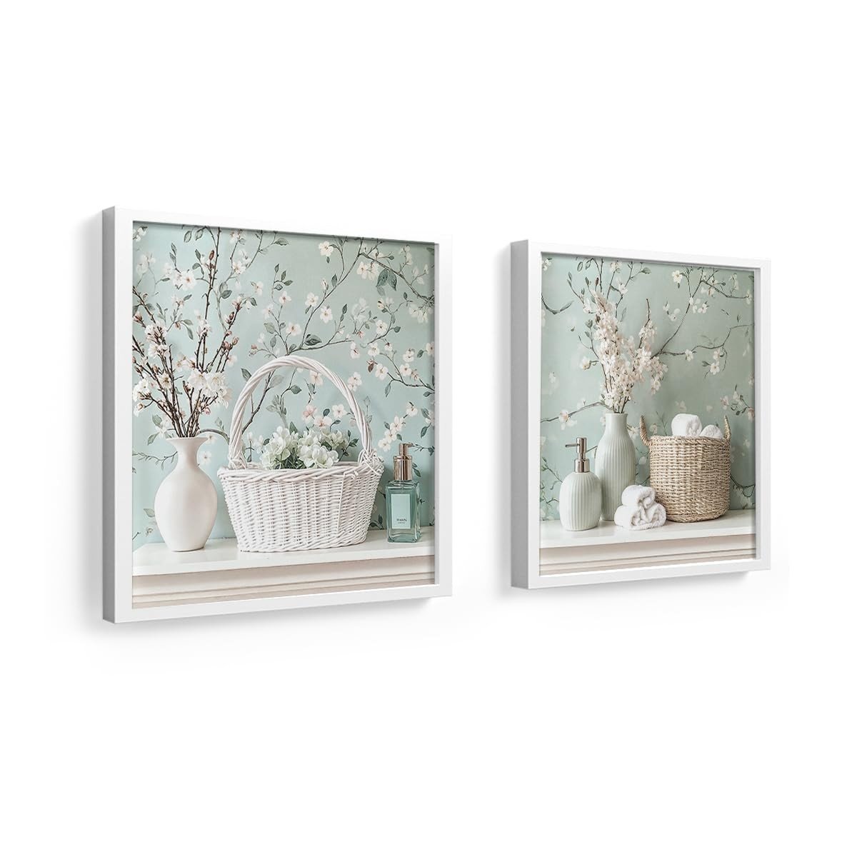 Kit 2 Quadros 18x18 cm com Flores Menta para Banheiro e Lavabo - Moldura Preta Elegante