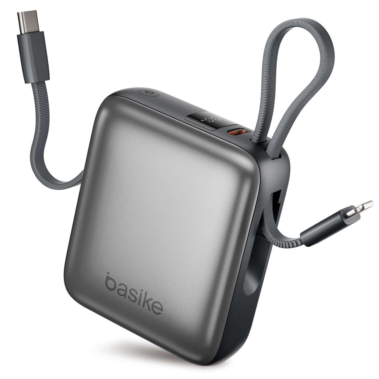 Carregador Portátil Basike 10000mAh: Mini Power Bank 22.5W com Cabos Integrados para iPhone, Samsung e Mais (Cinza)