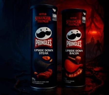 Batata Pringles Edição Netflix Strangr Steak - Kit com 2 unidades - Upside Down Bacon (bacon caramelizado) e Upside Down Steak (carne defumada com alho) - Embalagem colecionável