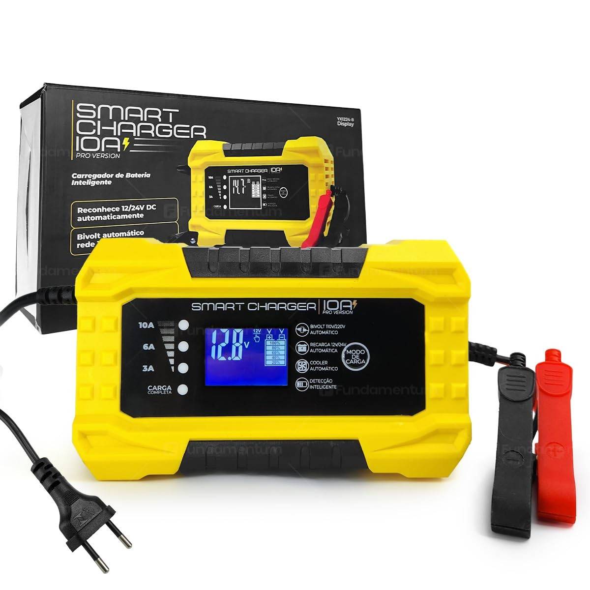 Carregador de Bateria Automotivo Digital 10A Pro Version - 12V/24V Inteligente para Carro, Moto e Caminhão