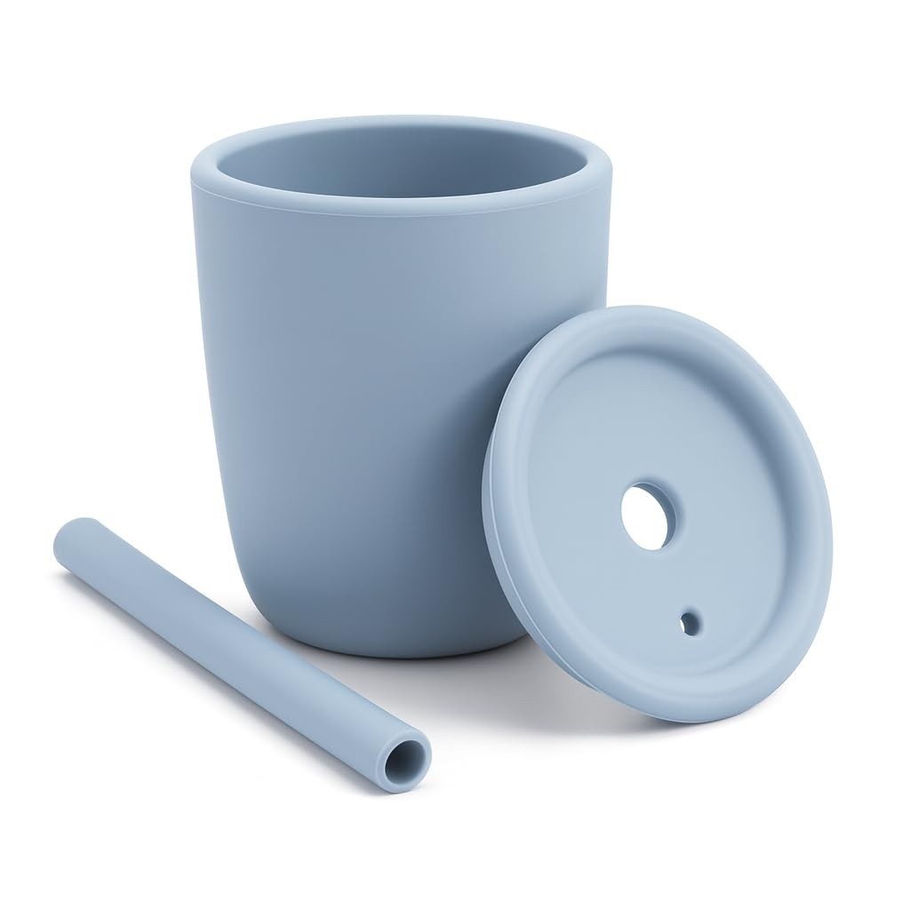 Copo para Bebê com Canudo em Silicone Azul 100ml - Seguro, Livre de BPA, 6m+