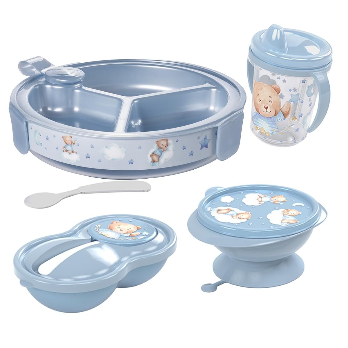 Plasútil Kit Refeição Bebê 4 Peças com Prato Térmico Azul - Seguro, Prático e Ergonômico