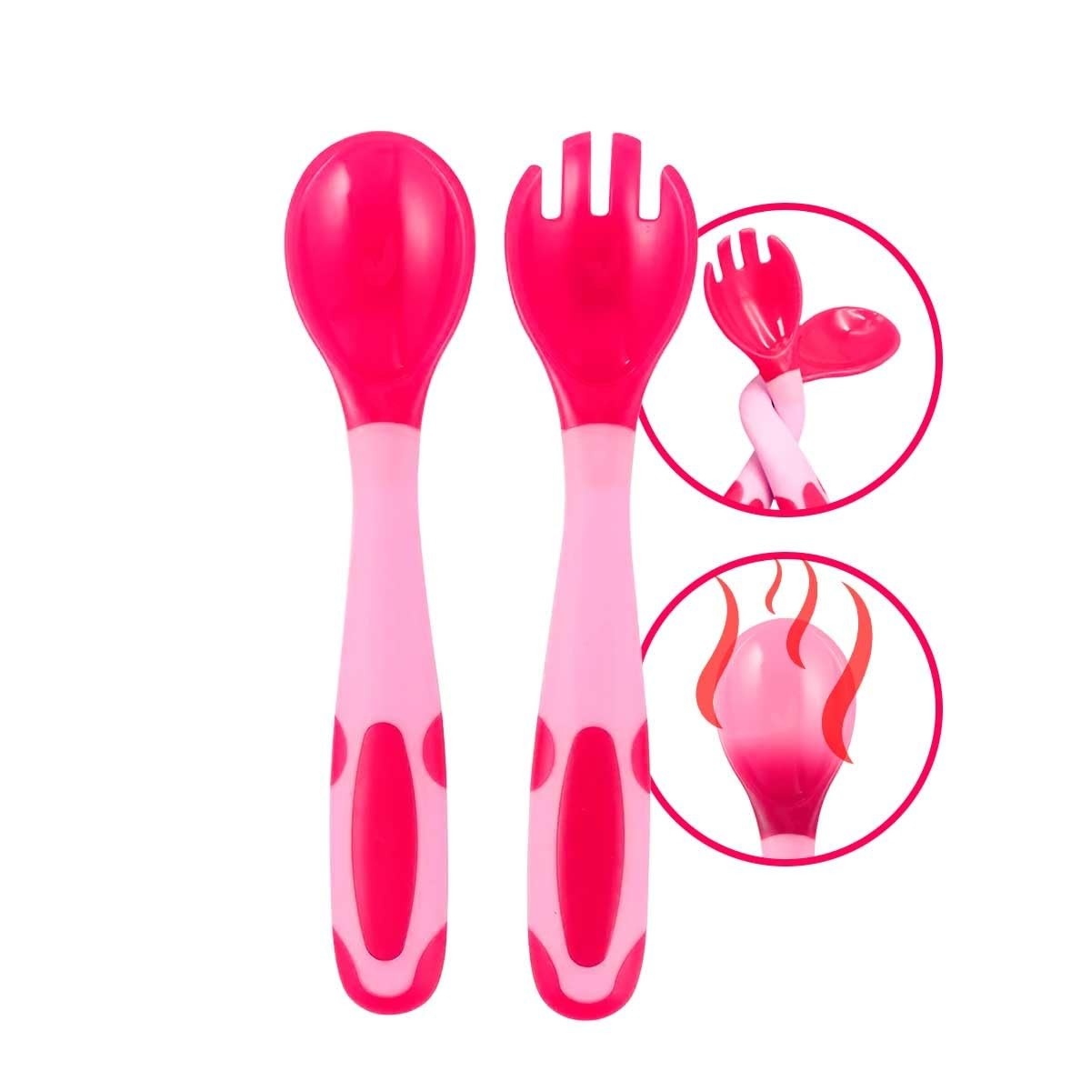 Kit Talheres Bebê Flexível Termossensível com Garfo e Colher Rosa - Segurança e Conforto na Alimentação Infantil