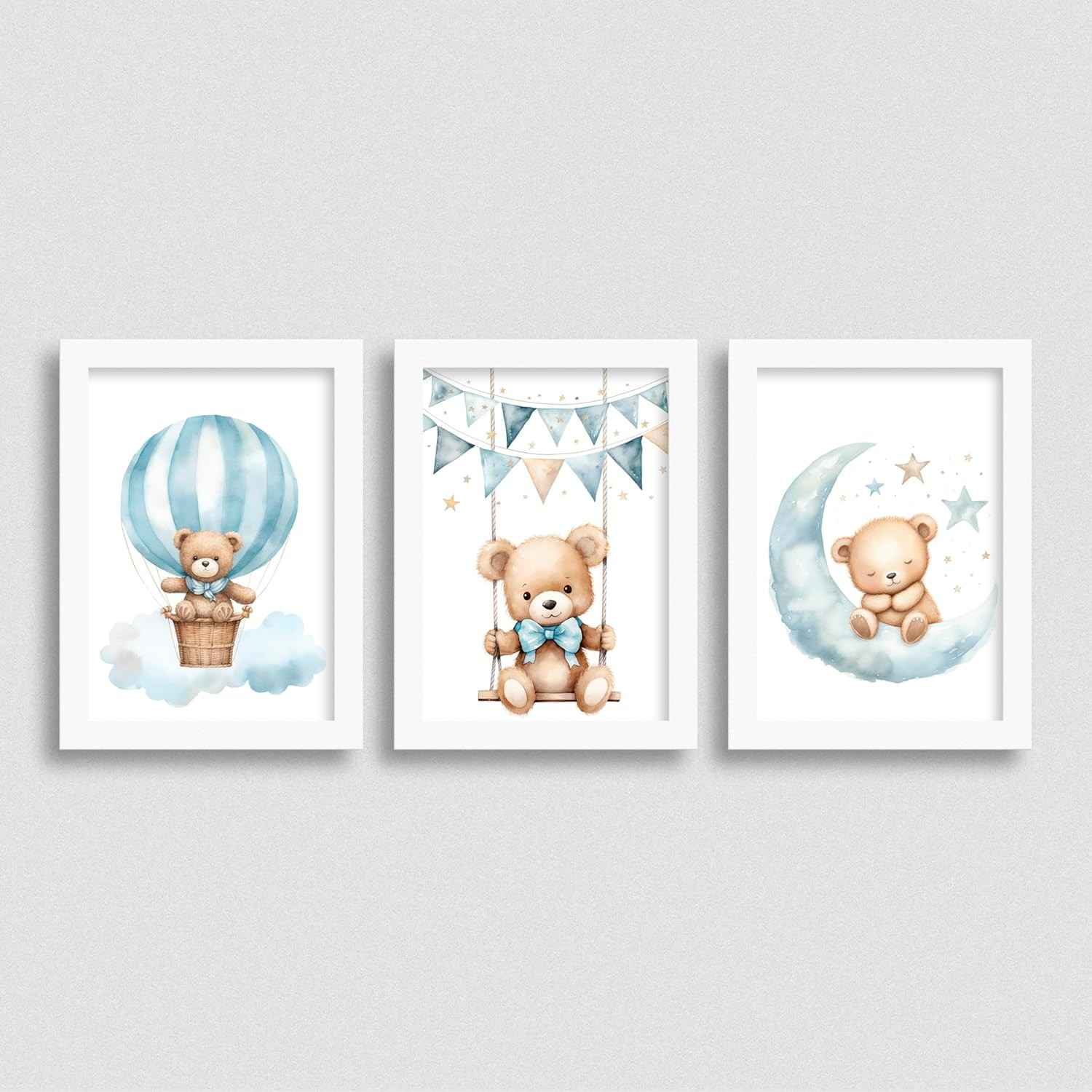 Quadro Decorativo Urso Teddy Bear - Kit 3 Quadros para Quarto de Bebê e Criança