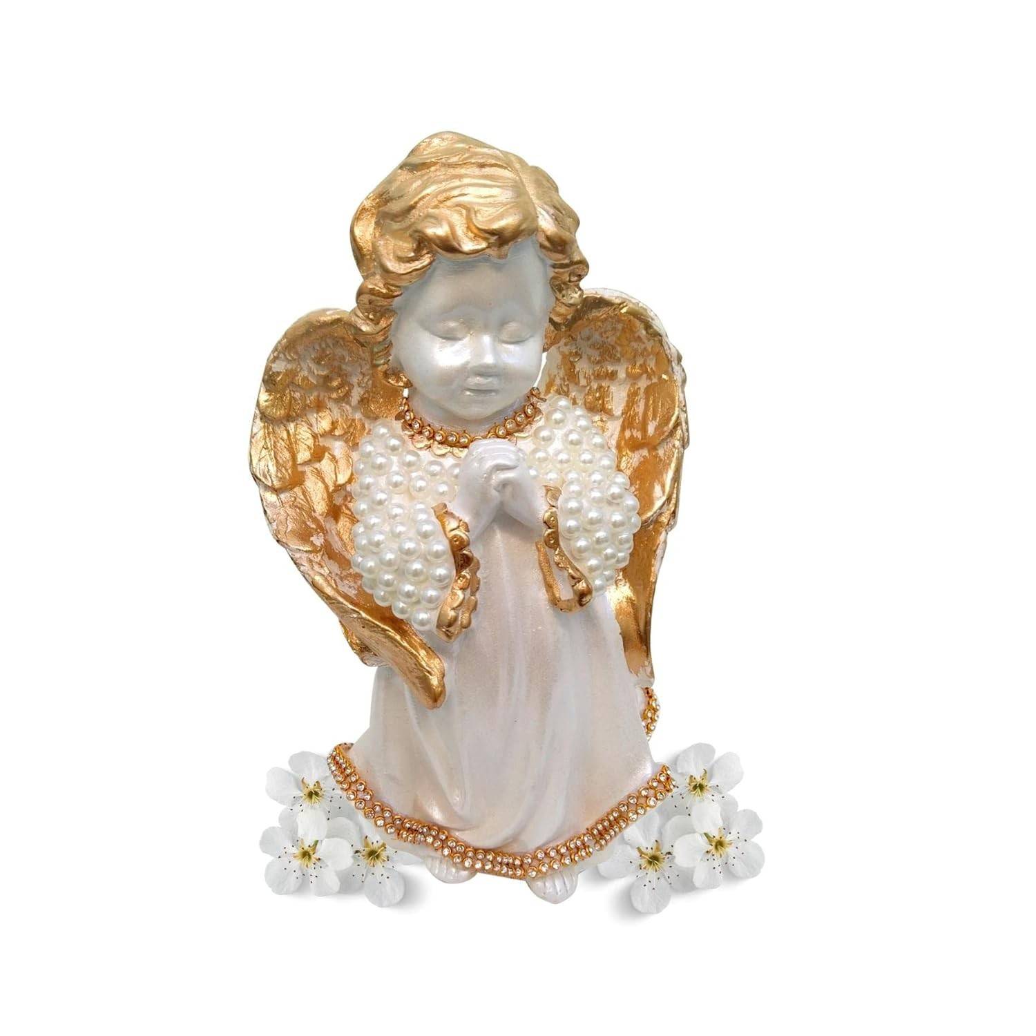 Escultura de Anjo da Guarda em Pérola Branca - Decoração Sagrada para Bebês e Crianças