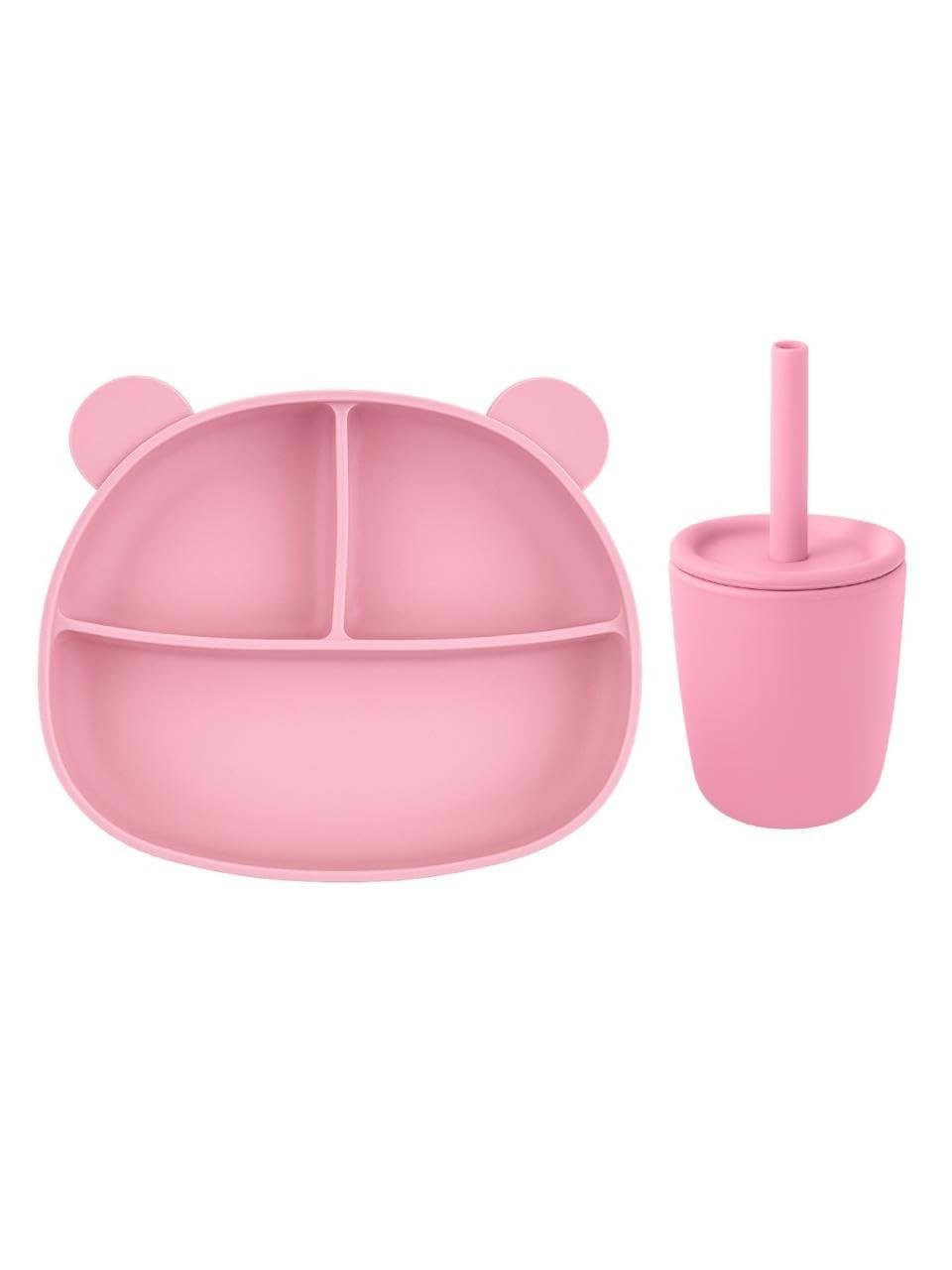 Kit Prato Ursinho Rosa com 3 Divisórias e Copo com Canudo de Silicone para Bebês