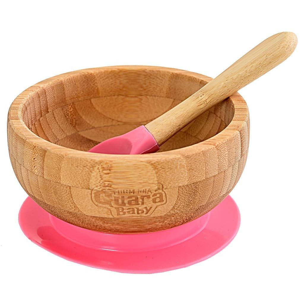 Tigela de Bambu com Ventosa Rosa - Segura, Sustentável e Ideal para Bebês