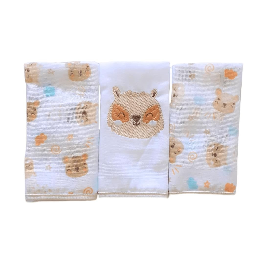 Paninho de Boca Bebê Babete Fraldinha Kit com 3 Unidades - Baby Gijo (Bege Urso)