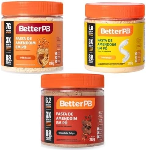 Pasta de amendoin em pó tradicional, chocolate belga e leite em pó - BetterPB - kit 3 unidades