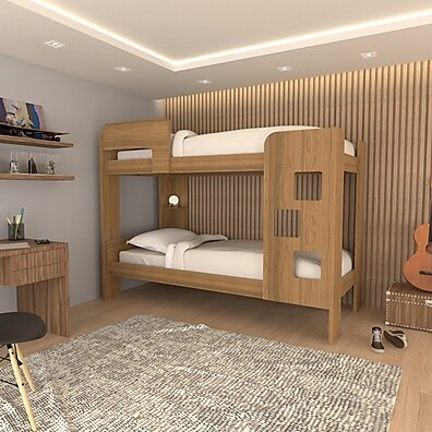 Beliche Escadinha MDF com Prateleira e Grade de Proteção – Ideal para Quarto Infantil