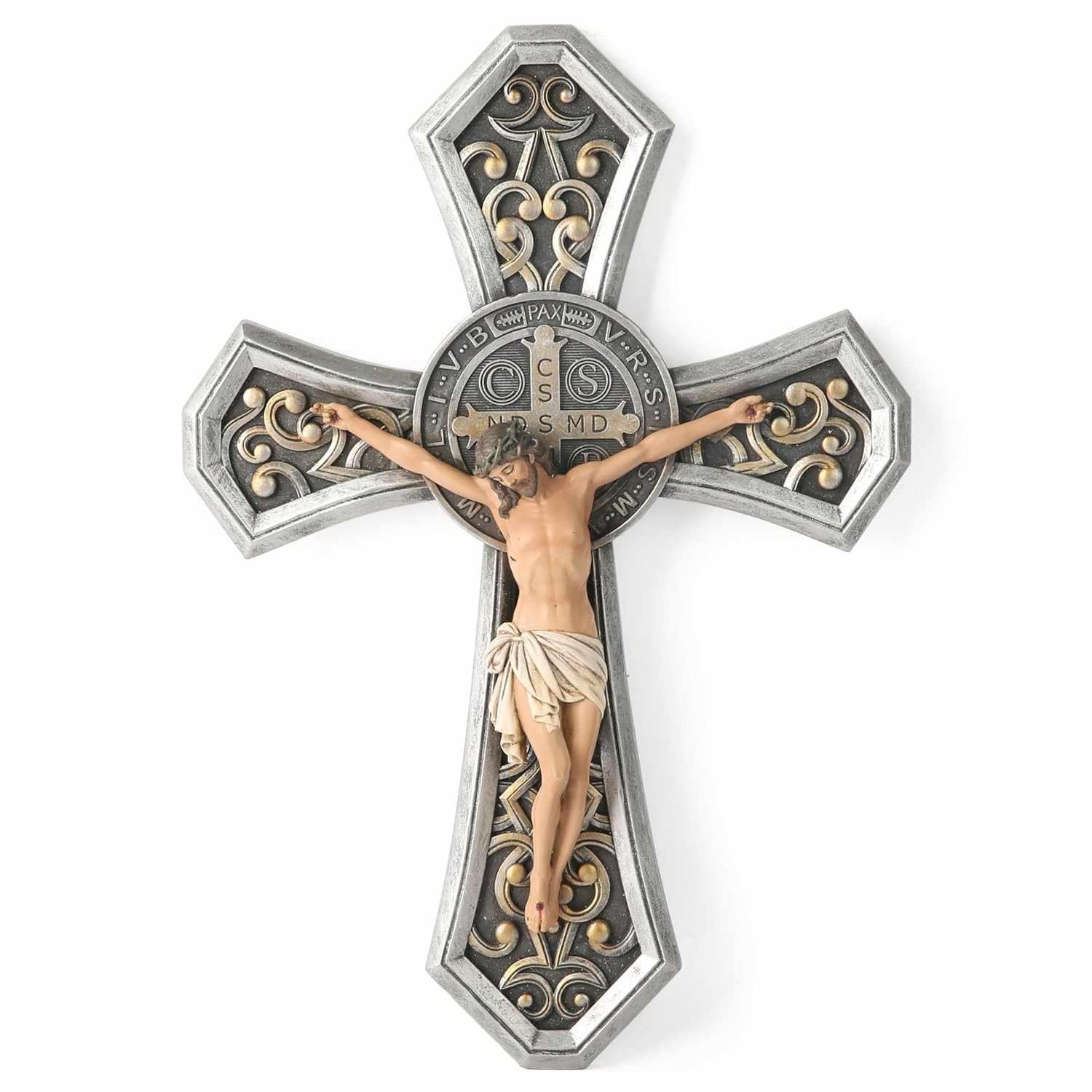 Cruz de Parede com Medalha Católica São Bento - Crucifixo Renascentista em Prata com Acabamento Realista
