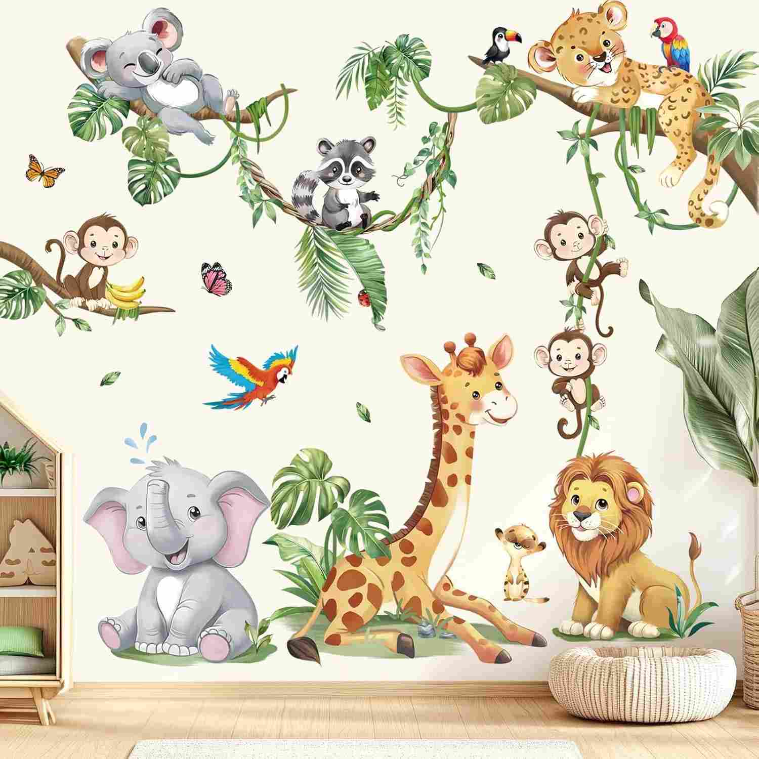 Adesivos de Parede Safari com Animais e Folhas Tropicais - Decoração Infantil e Berçário