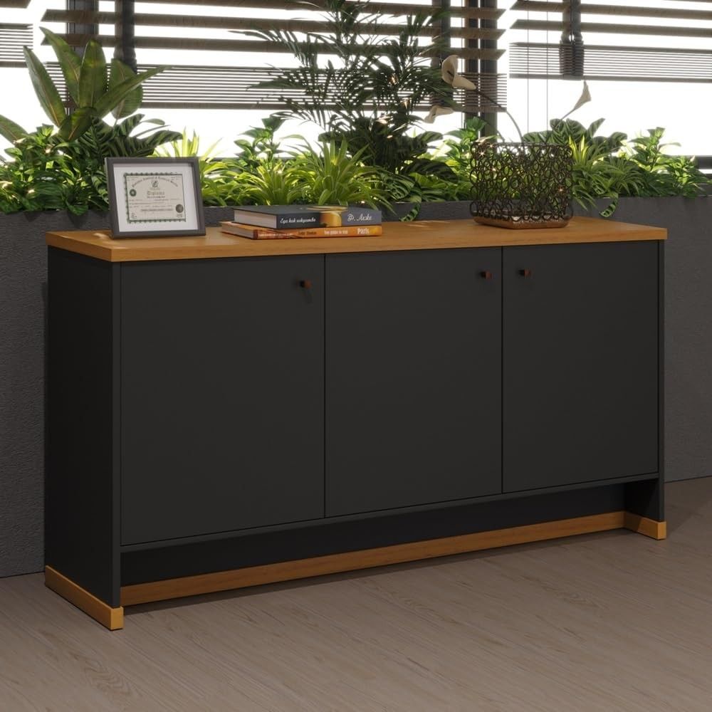 Aparador Buffet Berlin Preto/Natural - Design Moderno com 4 Portas e Pés em Madeira Maciça
