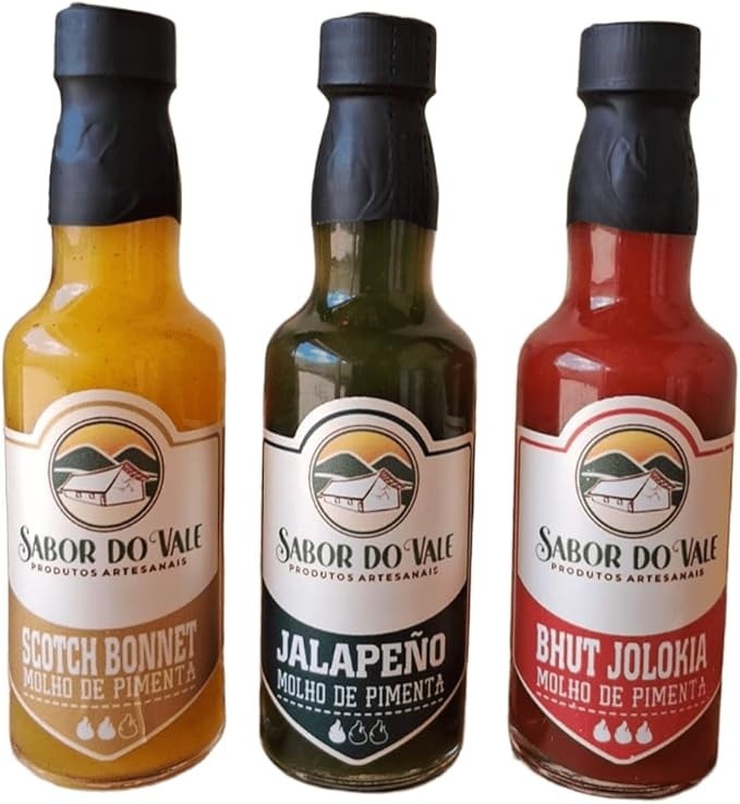 Kit 3 Molhos Artesanais Scotch Bonnet, Jalapeño e Bhut Jolokia, Natural e Vegano Sem Conservante Quimico Sabor Do Vale 180ml
