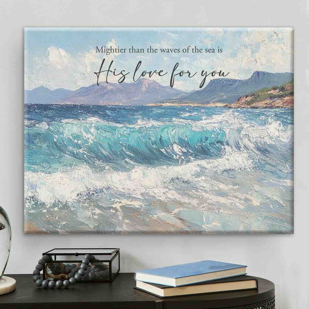 Arte de Parede Cristã com Versículo Bíblico Salmo 93:4 - Amor Divino sobre as Ondas do Mar - Pôster Decorativo em Tela