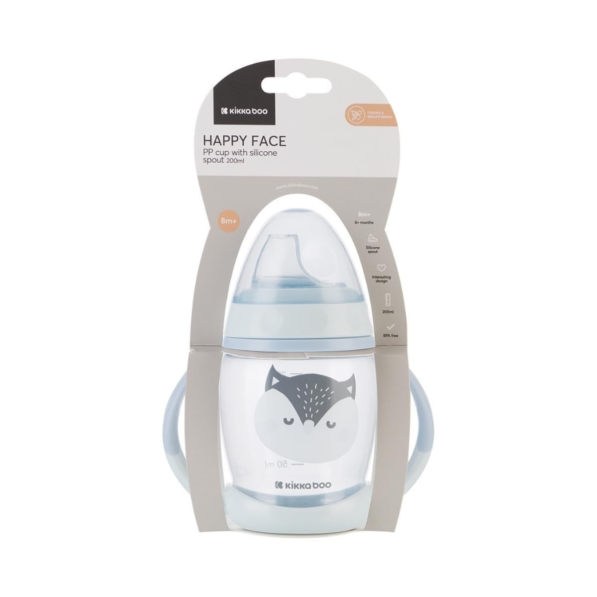 Copo com Bico de Silicone 200ml Happy Face Azul - Kikka Boo | Seguro e Divertido para Bebês a Partir de 8 Meses