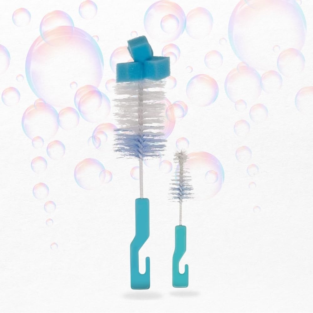 Kit Escova Lava Mamadeira e Copos com Escova para Bicos - Cerdas em Polipropileno, Ponta com Esponja, Cabo Curto, Limpeza Completa e Segura (AZUL)