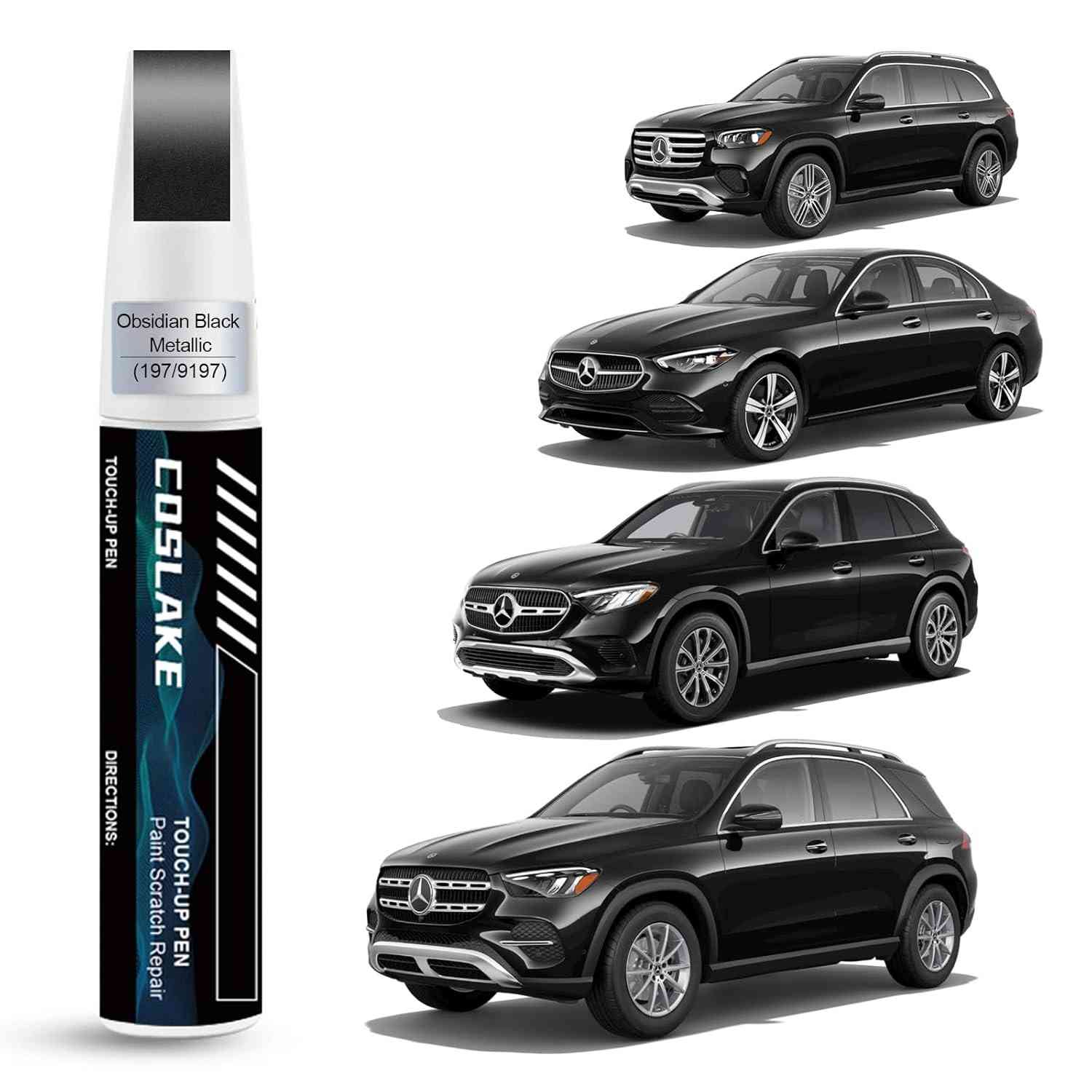 Tinta de retoque de carro (Obsidian Black Metallic(197/9197)) para Mercedes-Benz, kit de reparo de arranhões de pintura de carro, solução rápida e fácil para reparar arranhões no carro, caneta