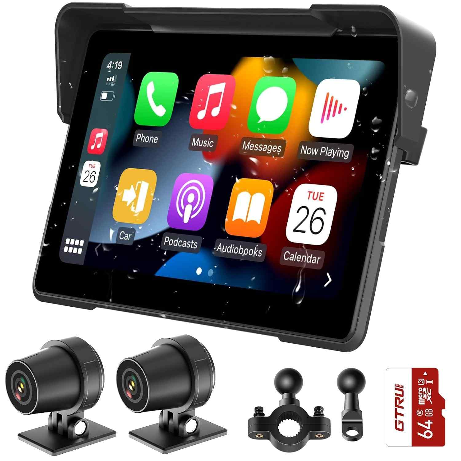 Navegador GPS Moto 17cm c/ Apple CarPlay & Android Auto, Câmeras 1080P, Tela Touch Bluetooth Duplo