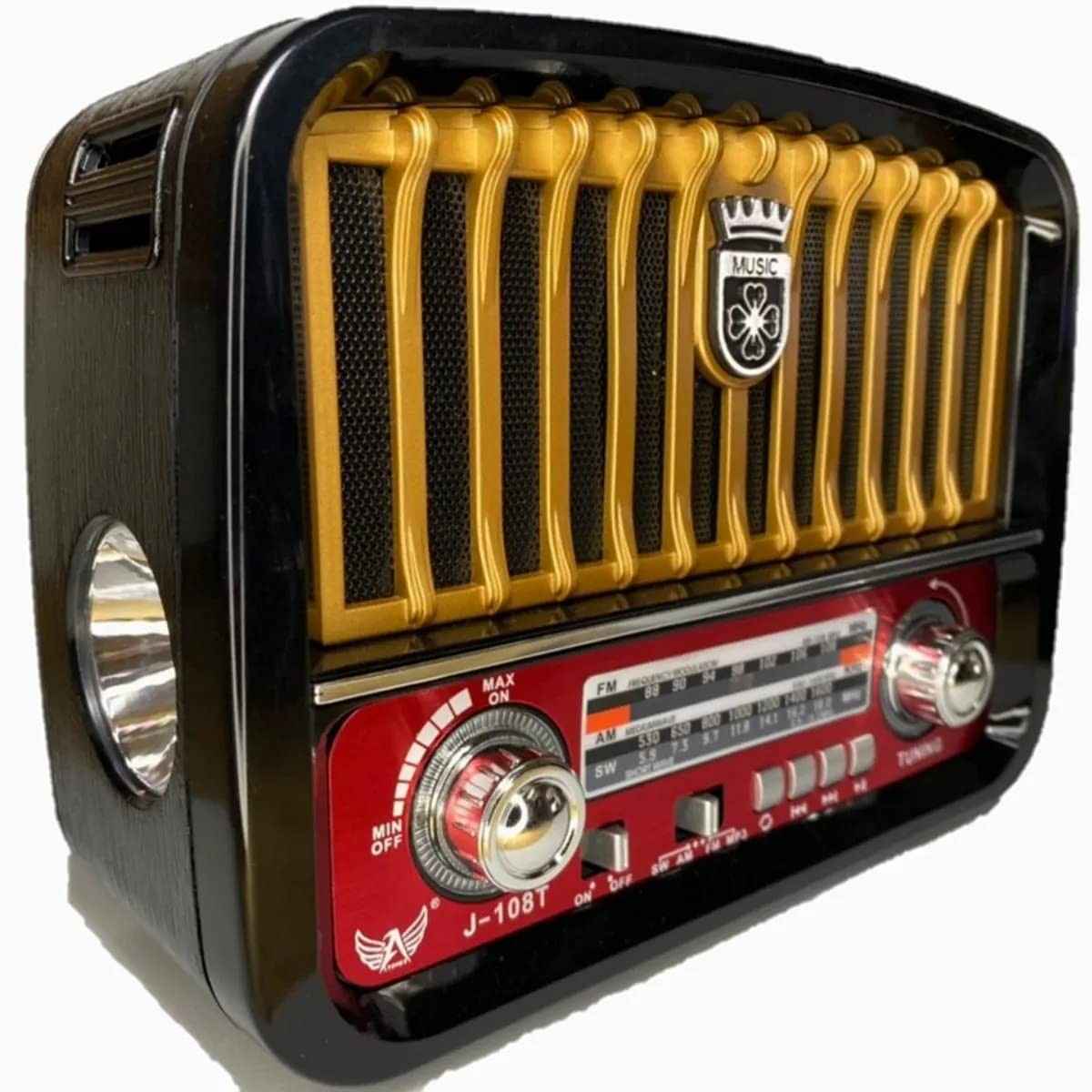 Caixa de Som Retrô Dourada: Rádio AM/FM, Bluetooth, USB, SD e Lanterna
