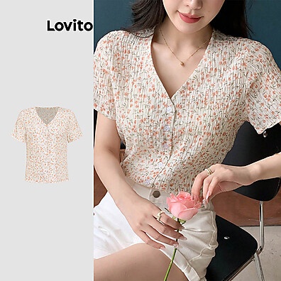 Blusa Boho Floral Lovito: Estilo Ditsy com Botões para Mulheres