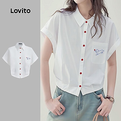 Blusa Branca Casual com Bolso Plissado e Bordado – Estilo Primavera/Verão