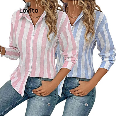 Blusa Casual Listrada com Botões Colorblock Lovito – Estilo e Conforto