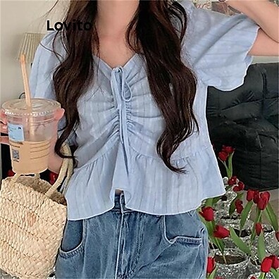 Blusa Casual Listrada Lovito com Estampa Franzida - Estilo e Conforto Feminino