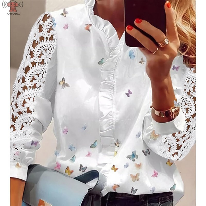 Blusa Elegante com Estampa de Borboleta e Babados