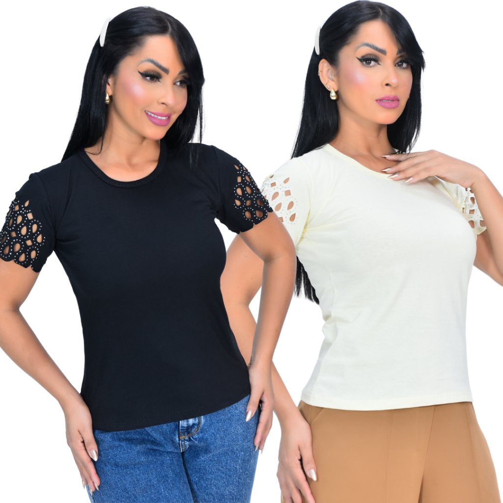 Blusa Feminina Manga Curta com Detalhe Laser: Estilo e Conforto em 100% Algodão