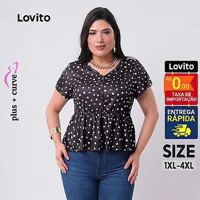 Blusa Feminina Plus Size em Poá com Babado e Decote V